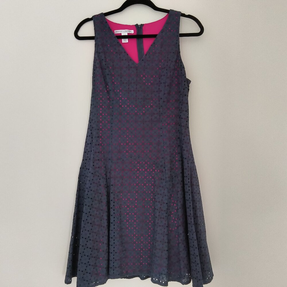 Maggy London Navy Dress with Hot Pink Lining Size 8